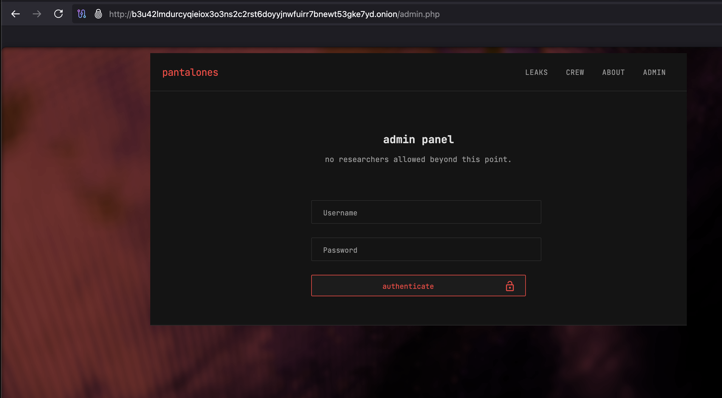 Pantalones administration login page